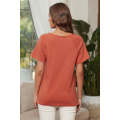 Orange V Neck Short Sleeves Cotton Blend Tee with Front Pocket and Side Slits
