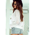 White Hollow Out Knitted Loose Fit V Neck Sweater