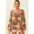 Multicolor Floral Crochet Square Neck Puff Sleeve Blouse