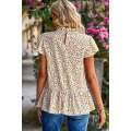 Beige Floral Frilled Collar Ruffled Short Sleeve Blouse