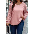 Apricot Pink Plus Size Contrast Lace Sleeve Textured Knit Top