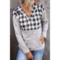 Black Plaid Splicing Pocketed Hoodie