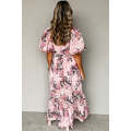 Pink Floral Puff Sleeve High Waist Maxi Dress