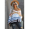 Multicolor Stripe Bubblegum V-Neck Braided Knit Sweater