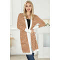 Brown Striped Side Pockets Open Front Cardigan