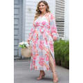 Multicolor Tropical Palm Print Tie High Waist Plus Size Maxi Dress