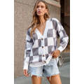 Gray Contrast Checkered Print Button Up Sweater Cardigan