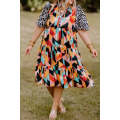 Pink Contrast Puff Sleeve Abstract Print Tiered Plus Size Dress