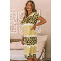 Yellow Leopard Color Block V-Neck T-shirt Dress