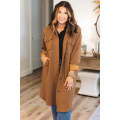 Chestnut Solid Color Textured Chest Pockets Midi Shacket