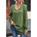 Green Casual Pleated V Neck Textured Loose Top
