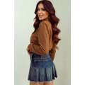 Brown Solid Color Quilted Puff Sleeve Pullover Sweatshirt
