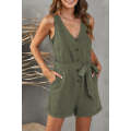 Green Button V Neck Romper with Belt