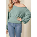 Green Off Shoulder Bishop Sleeve Cinched Waist Blouse