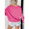 Rose Red Loose V Neck Dropped Long Sleeve Top
