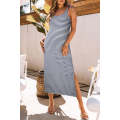 Blue Striped Print Lace-up Straps Sleeveless Maxi Dress with Slit