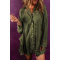 Pickle Green Loose Pocketed Ruffled Hem Draped Shirt Dress