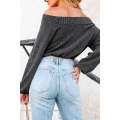 Gray Ribbed Knit Off-Shoulder Balloon Sleeve Top