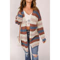 Blue Striped Color Block Hollowed Knit Cardigan