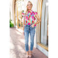 Multicolor Abstract Floral Print Frilled Neck Pleated Blouse