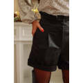 Black Frilled High Waist A-line Faux Leather Shorts