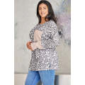 Leopard Plus Size Waffle Knit Patchwork Long Sleeve Henley Top