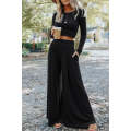 Black Solid Color Ribbed Crop Top Long Pants Set