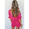 Bright Pink Crinkled Textured Square Neck Puff Sleeve and Shorts Set