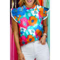 Sky Blue Multicolor Abstract Print High Neck Flutter Sleeves Top
