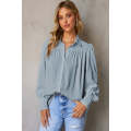 Sky Blue Solid Color Button Up Puff Sleeve Blouse