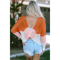 Multicolor Color Block Eyelet Long Sleeve Twisted Back Knit Top