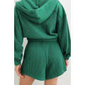 Blackish Green Waffle Knit Hooded Jacket and Shorts Outfit