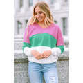 Pink Ribbed V Neck Color Block Patchwork Sweatshirt