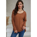 Brown Waffle Knit Splicing Buttons Long Sleeve Top