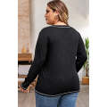Black Plus Size Contrasting Topstitch Ribbed Henley Top
