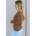 Brown Thumbhole Sleeve Striped Henley Top