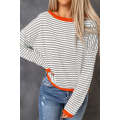 Gray Contrast Trimmed Striped Drop Shoulder Sweater