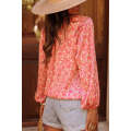 Pink Bubble Sleeve Floral Shirt with Lace up