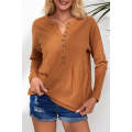 Brown Waffle Knit Half Button Henley Top