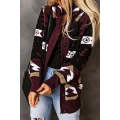 Wine Retro Jacquard Pattern Buttoned Front Hooded Sweater