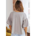 Gray Joint Bubble Sleeve Round Neck Blouse