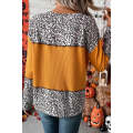 Vitality Orange Leopard Print Waffle Knit Patchwork Top