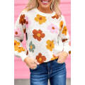 White Sweet Flower Knitted Ribbed Hem Sweater