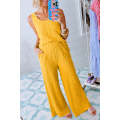 Yellow Crinkled U Neck Tank Top and Wide Leg Pants Set