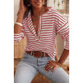 Red Striped Print Ruffled Buttoned Long Sleeve Top