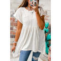 White Hollow Knit Splicing Keyhole Back Tunic Top