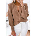 Brown Braided Notched V Neckline Puff Sleeve Knitted Sweater