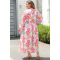 Multicolor Tropical Palm Print Tie High Waist Plus Size Maxi Dress