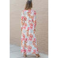 Tropical Plant Print Long Sleeve Wrap V-Neck Slit Maxi Dress