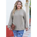 Gray Ribbed Side Pockets Long Sleeve Plus Size Top